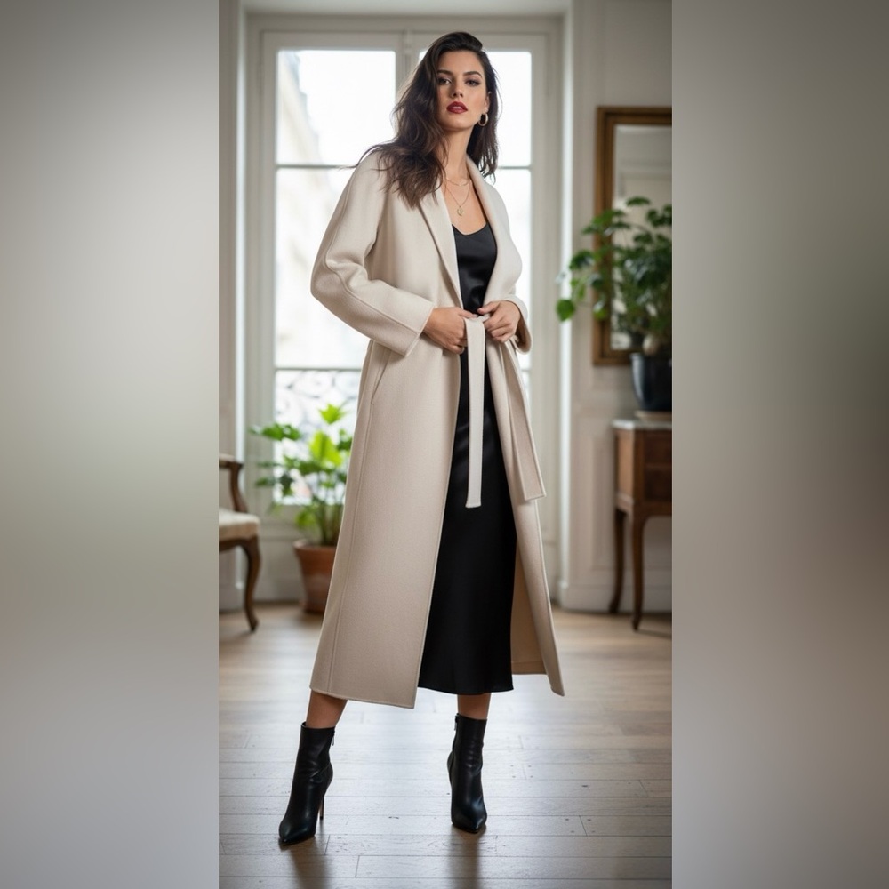 Elegant 100% wool trench coat below knees. Creamy White S-M